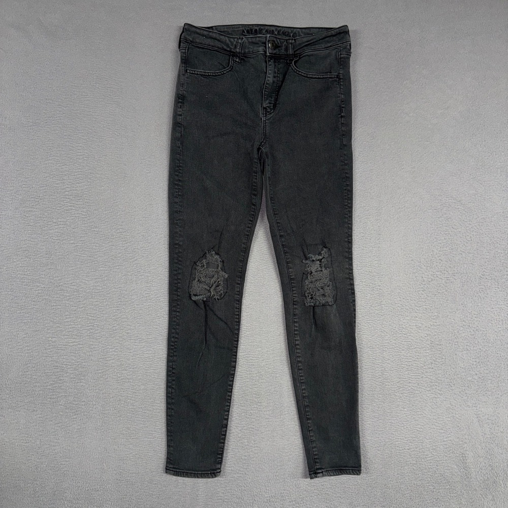 American Eagle Jeans Womens 8 Black Skinny Jegging Distressed Stretch Rip Denim